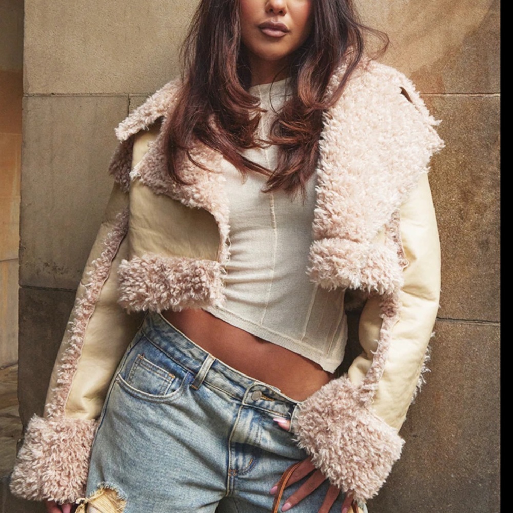 PLT Cream Faux Shearling Trim Faux Leather Cropped Coat